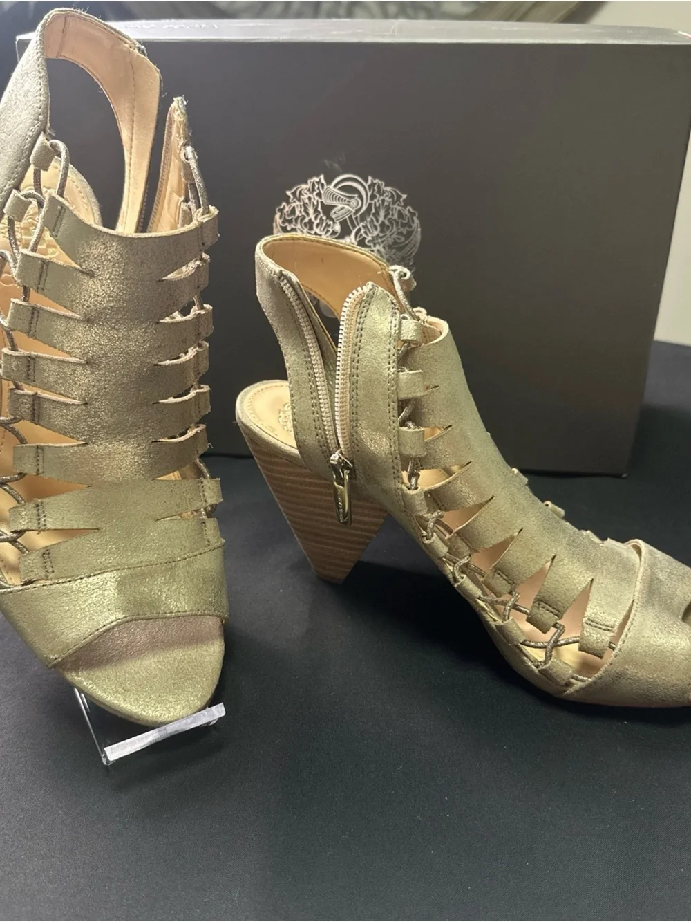 Vince Camuto Distressed Gold Strappy Peep-Toe Zipper Side Women’s Heels